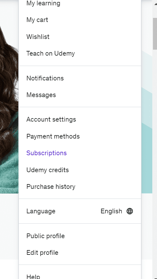 udemy profile drop down