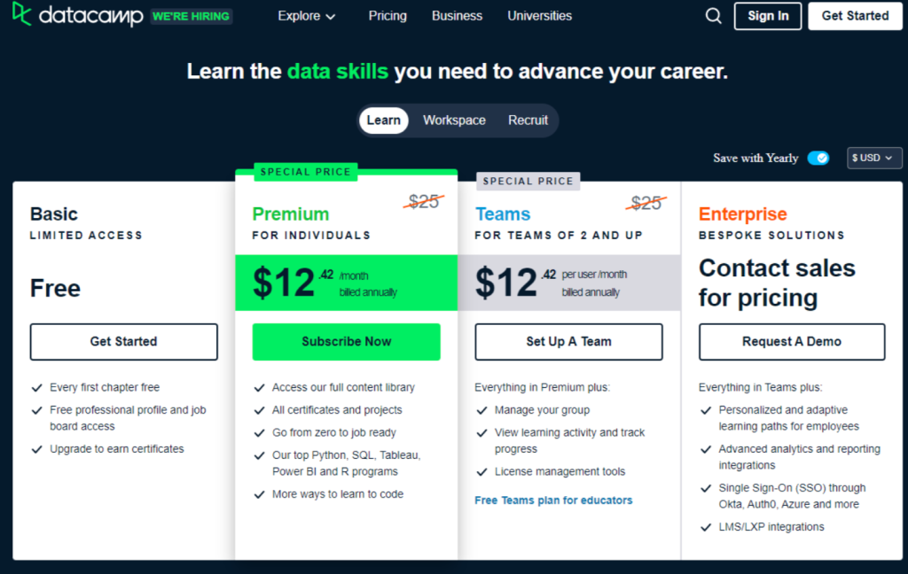 Datacamp pricing plan- Datacamp Review 