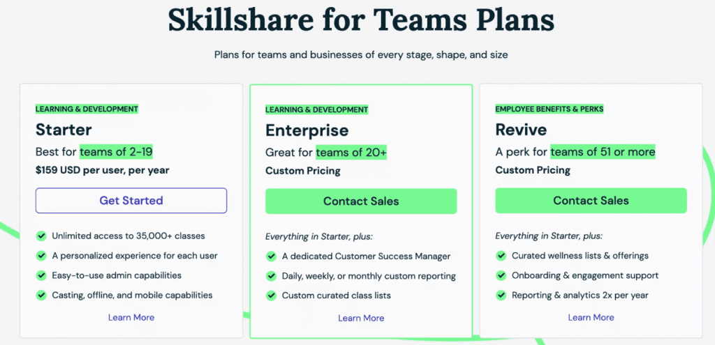 Skillshare team pricing plans