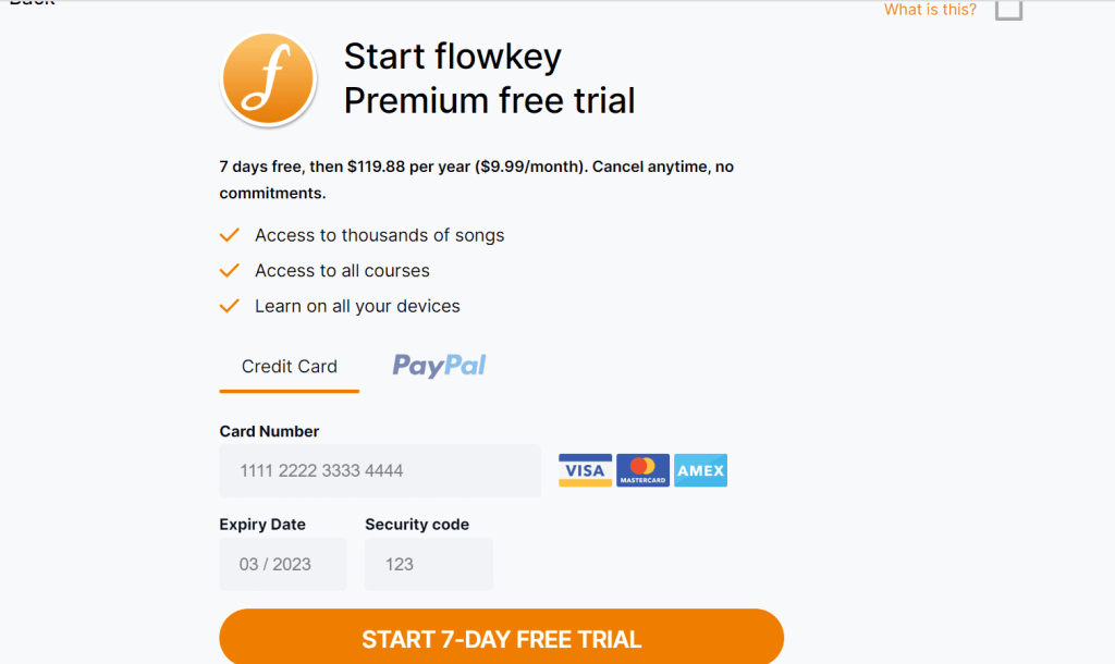enter your card details to start 7 day free flowkey trial