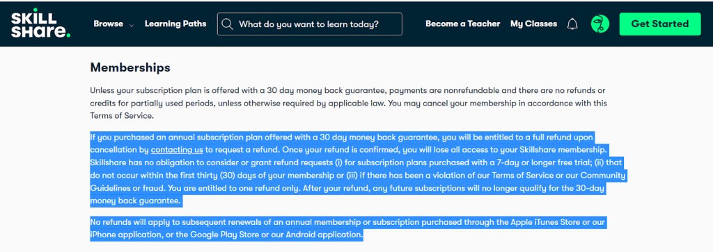 skillshare membership terms and condition