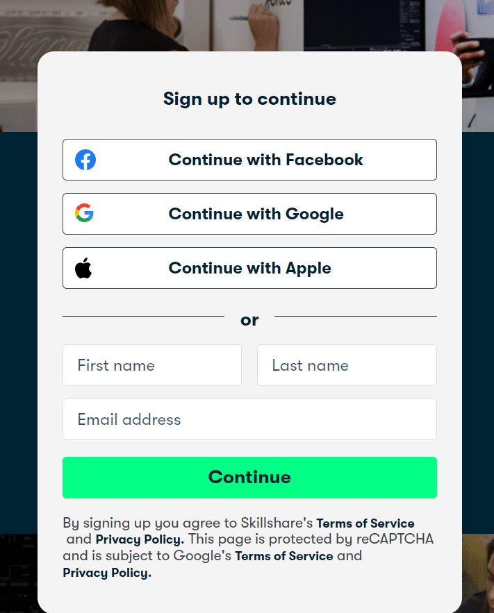 skillshare sign up pop up