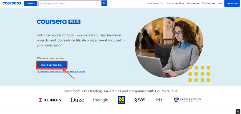 Coursera Plus-Click on start 7-day free trial