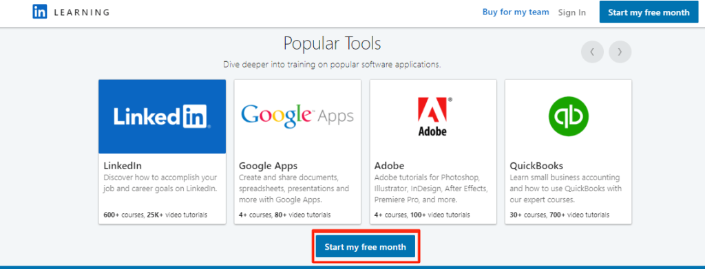 LinkedIn Learning -Click on start my free month