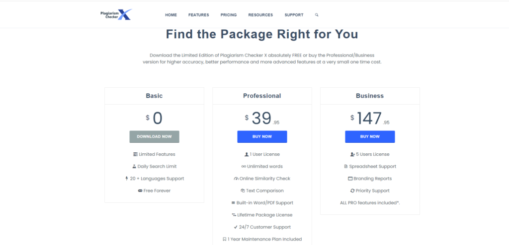 Plagiarism Checker X- pricing page