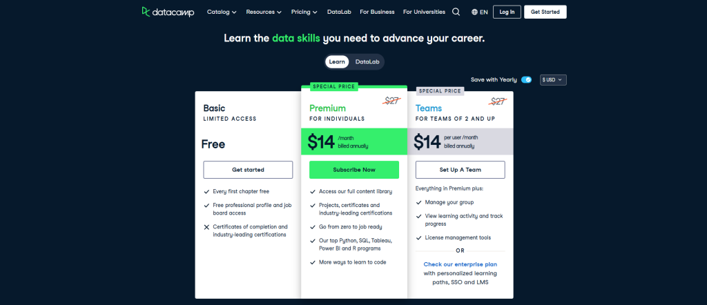 Datacamp yearly plans costing $14 per month billed annualy