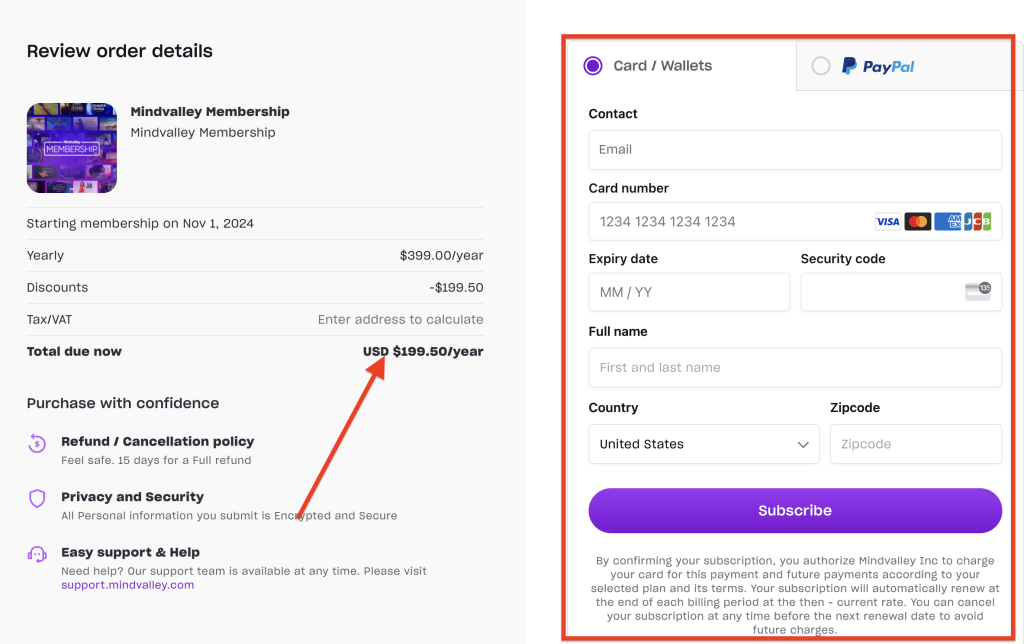 Mindvalley membership checkout page