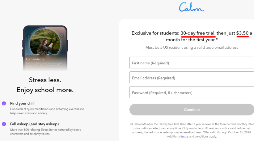 Calm Student Discount Page 