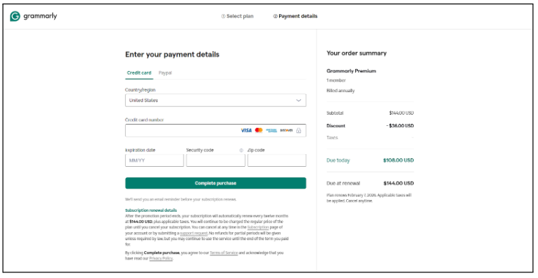 Payment Page For Grammarly Student Discount