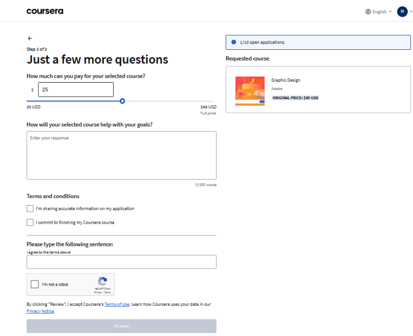 Coursera Application Questions page