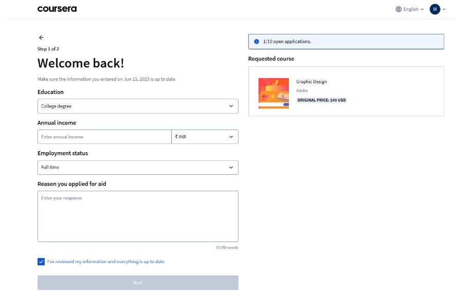 Coursera Course Application Details