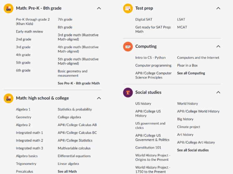 Khan Academy Course Categories