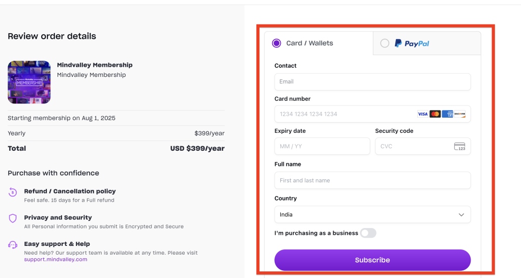 Mindvalley checkout page