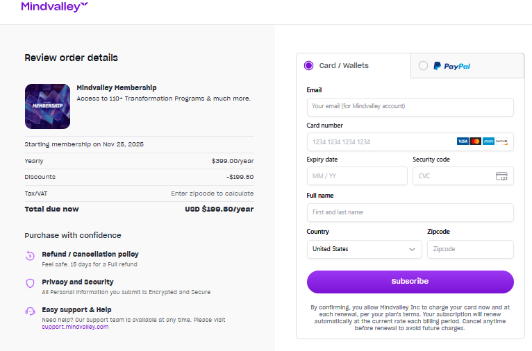 Mindvalley membership checkout page